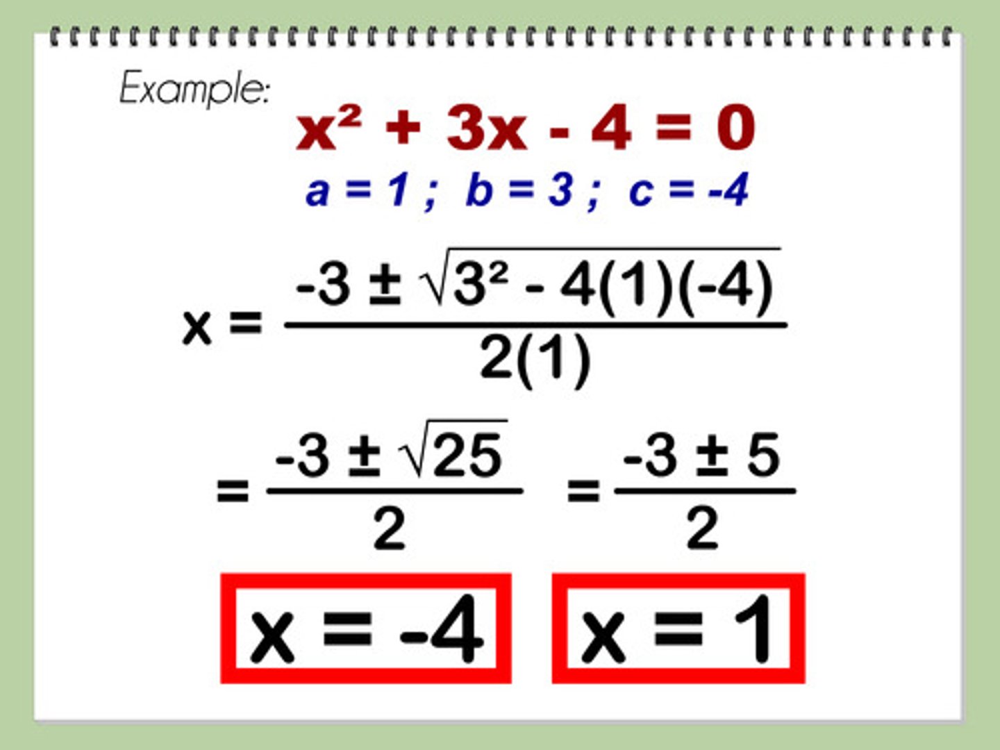 <p>1. make sure the trinomial is in standard form</p><p>2. plug a,b,c into the formula and solve</p>