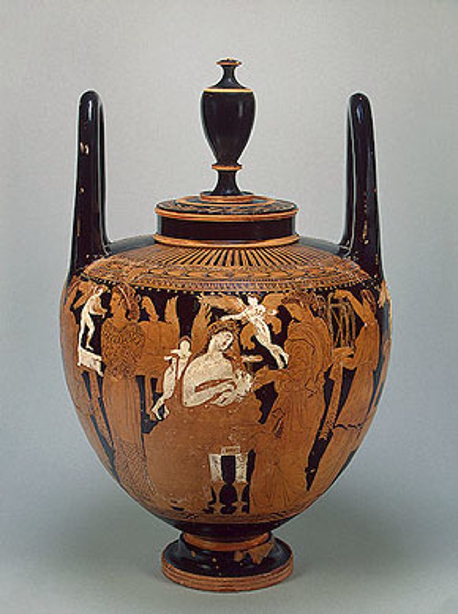 <p>A deep, round vessel used in banquets, often with decorative protomes</p>