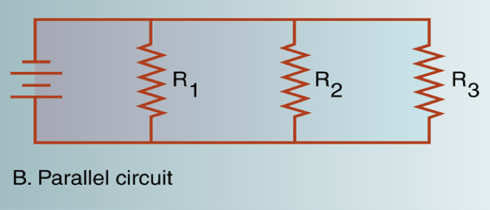 <ul><li><p>a parallel circuit gives each component a individual branch</p><ul><li><p>each component is connected to power source</p></li><li><p>failure in one does not disturb the entire circuit</p></li></ul></li></ul>