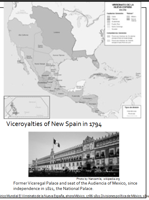 <p>• 2 viceroyalties: New Spain and Peru</p><p>• Within each viceroyalty, there were multiple audencias:</p><ul><li><p>&nbsp;Guadelajara</p></li></ul><ul><li><p>&nbsp;Mexico</p></li></ul><ul><li><p>&nbsp;Yucatan</p></li></ul><ul><li><p>&nbsp;Guatemala (included Chiapas)</p></li></ul><ul><li><p>&nbsp;New Granada</p></li></ul><p>• Within viceroyalties, provinces (provincias) were ruled by governors</p><p>• Within provincias, corregidores and alcaldes mayores ruled towns</p><p>• Towns also had cabildos, or town councils</p><p>• Inspectors periodically conducted visitas (inspections) for the Crown&nbsp;</p>