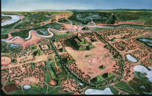 <p>The dominant center of an important Mississippi valley mound-building culture, located near present-day St. Louis, Missouri; flourished from about 900 to 1250 C.E.</p>