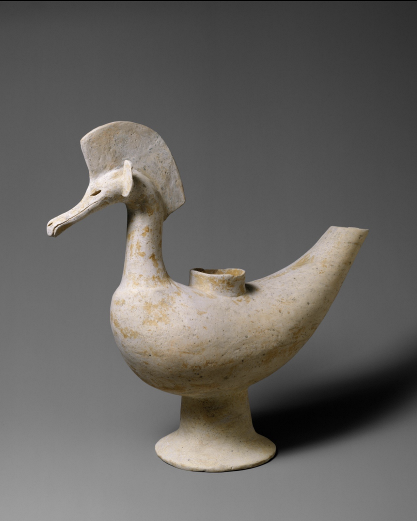 <p>Time: Proto-Three Kingdoms Period (a. late 2nd–3rd century CE)<br></p><p>Vessel for wine; bird-shaped vessels are usually associated with funerary ceremonies as birds were seen as vehicles carrying souls to the land of the immortals<br><br>“[Eastern tribes] use the feathers of a large bird to help the spirit of the deceased fly [into heaven].” – “Accounts of the Eastern Tribes,” in Sanguozhi (“Records of the Three Kingdoms”)</p>