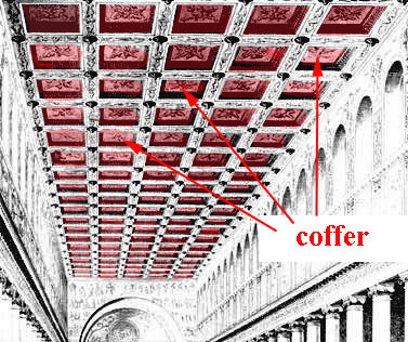 <p>a square or polygonal decorative panel embossed into a ceiling or an arch</p>