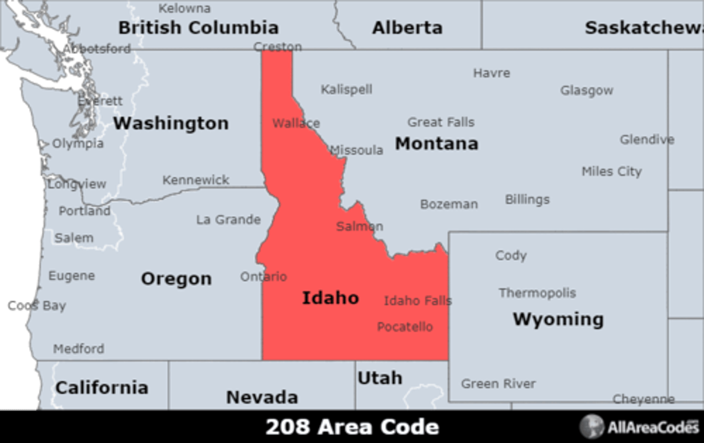 <p>Area code 208 covers the entire state of Idaho. It has a single overlay (986) that serves the same area.</p>