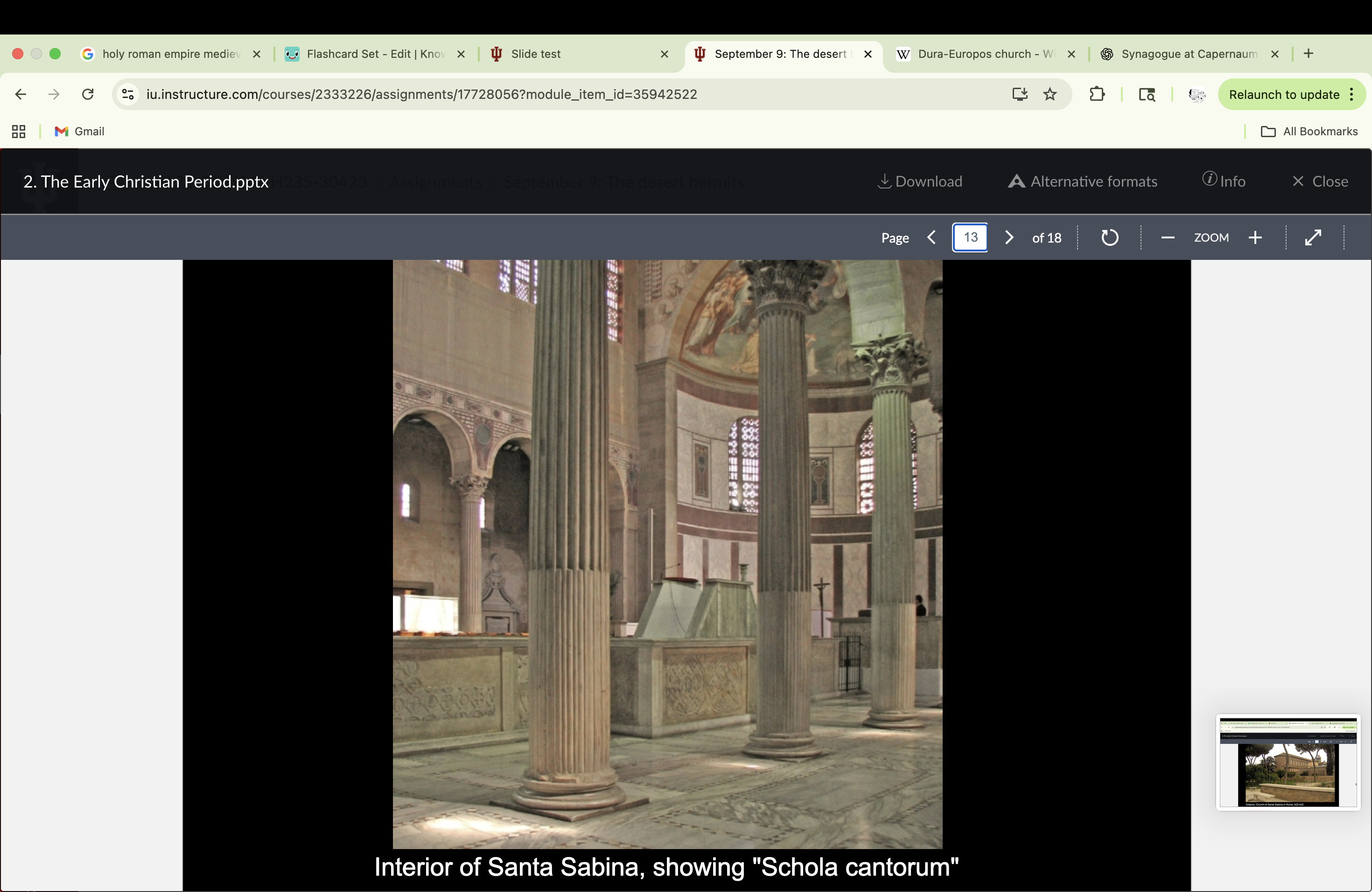 <p>Santa Sabina is the model of the early Christian basilica, adapted from Roman audience halls and law courts (basilicae) rather than temples.</p><p>A rectangular basilica with:</p><p>A nave flanked by two side aisles separated by 24 Corinthian columns of Proconnesian marble (reused from an earlier Roman building).</p><p>A high clerestory above the columns with large arched windows, flooding the nave with light — a symbol of divine illumination.</p><p>A semi-circular apse at the east end, where the altar stands.</p><p>A narthex (entrance porch) at the west end, opening onto a small atrium.</p><p>Constructed largely of brick-faced concrete with minimal external decoration.</p><p>Schola cantorum (choir)</p>