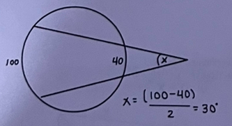 <p>(bigger arc-smaller arc)/2</p>