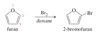 <p>(17.64) <span>Furan undergoes electrophilic aromatic substitution more readily than benzene; mild reagents and conditions are sufficient. For example, furan reacts with bromine to give 2-bromofuran.</span></p><ol><li><p><span><strong>(a) &nbsp;</strong>Propose mechanisms for the bromination of furan at the 2-position and at the 3-position. Draw the resonance forms of</span></p><p><span>each sigma complex, and compare their stabilities.</span></p></li><li><p><span><strong>(b) &nbsp;</strong>Explain why furan undergoes bromination (and other electrophilic aromatic substitutions) primarily at the 2-position.</span></p></li></ol><p></p>