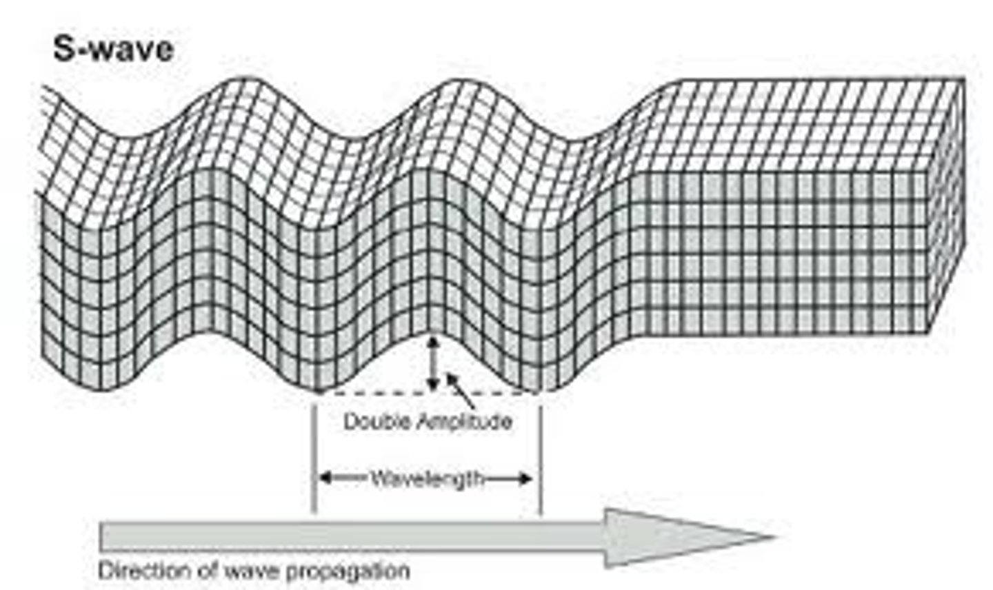 <p>Body Wave. Wave that vibrates from side to side and up and down slowly. Cannot travel through liquid.</p>