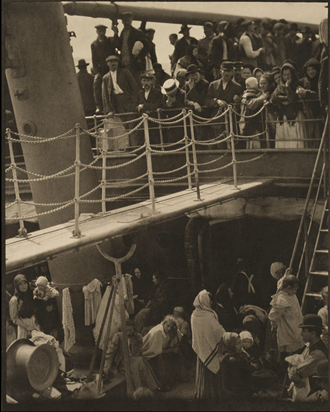 <ul><li><p>pictorialist - elevate photography to the status of fine art</p></li><li><p>ship of people but more interest in shapes and lines for overall composition than the specific subject matter</p></li><li><p>ideas of abstraction (like with European art at the time)</p></li></ul><p></p>