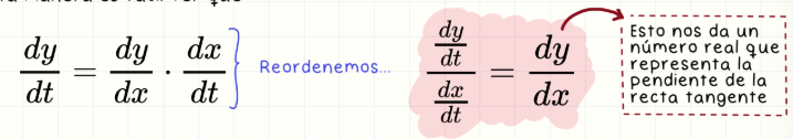 <p>Si x = x(t), y = y(t), entonces dy/dx = (dy/dt) / (dx/dt). Esta razón representa la pendiente de la recta tangente a la curva.</p>
