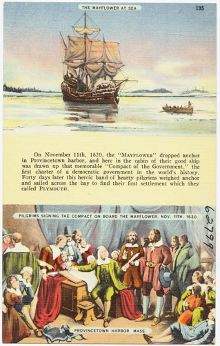 <p>1620 - The first agreement for self-government in America. It was signed by all men on the Mayflower and set up a government for the Plymouth colony.</p>