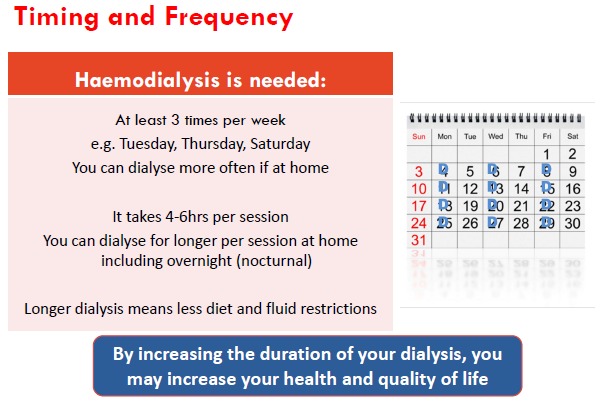 <p>In hemodialysis, blood is pumped from the body through a machine where chemistries are balanced and waste and fluid are removed.</p><p>The blood is then returned from the machine to the body.</p><p>AV fistula:</p><ul><li><p>The preferred access for hemodialysis is an AV fistula.</p></li><li><p>A surgical connection is made between an artery and vein.</p></li><li><p>The high pressure and fast flow from the artery traverses through the newly connected vein.</p></li><li><p>As the access matures, the vein gets larger. It will allow for placing two needles in the access and fast blood flow to facilitate dialysis.</p></li><li><p>The enlarged vein allows for blood flow rates of &gt; 400 mL / min.</p></li></ul><p></p>