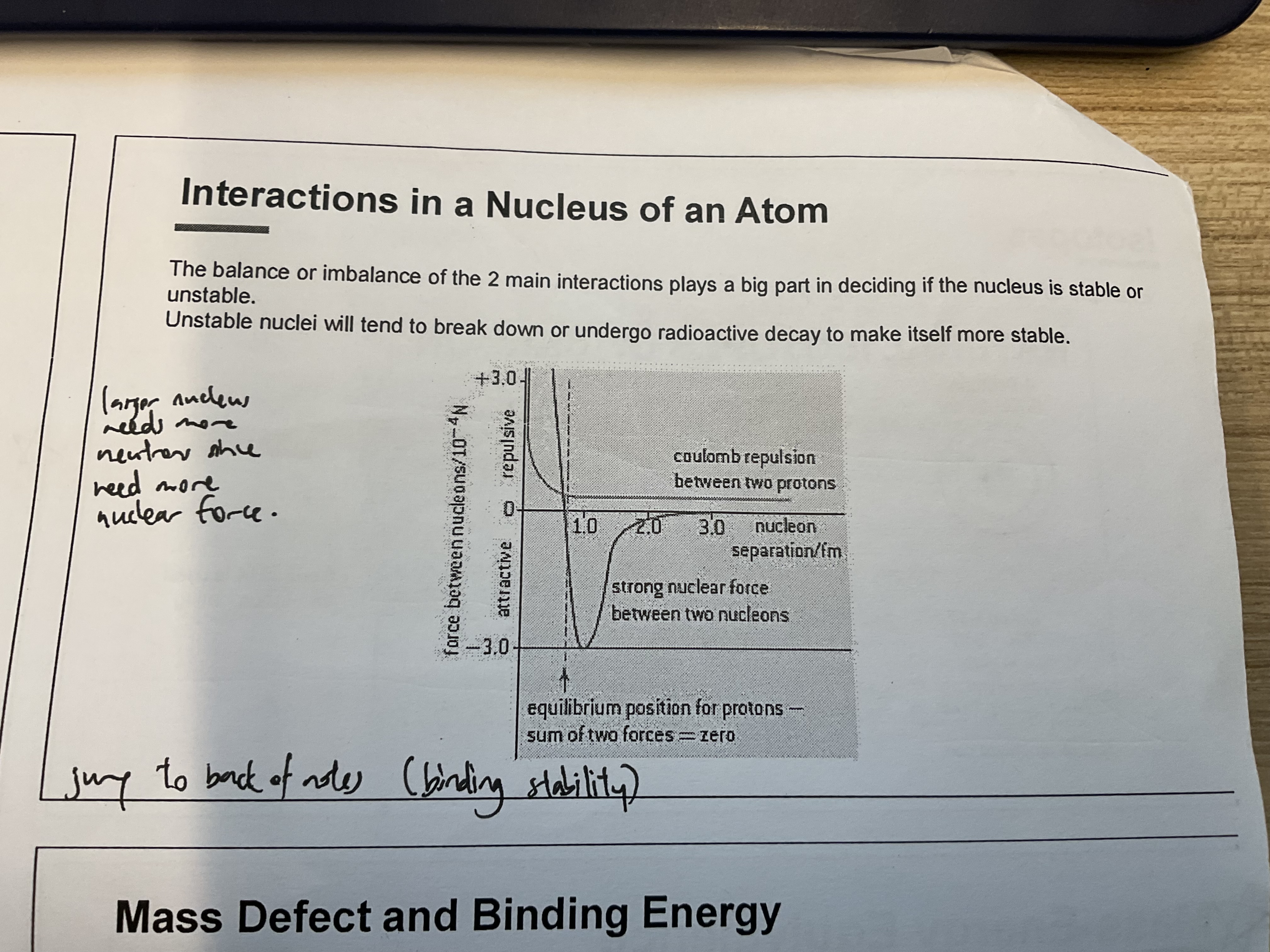 <ul><li><p>coulomb repulsion</p><ul><li><p>protons all positive charge, repel each other</p></li><li><p>very significant because distance between protons is very small</p></li></ul></li><li><p>strong nuclear force</p><ul><li><p>strong short-ranged force (around 10<sup>-15</sup>m, only inside the nucleus)</p></li><li><p>nucleons (protons and neutrons) attract each other when near</p></li></ul></li><li><p>small nuclei usually equal no. of protons and neutrons but large nuclei need more neutrons to hold together: <strong>coulomb repulsion long range force vs strong nuclear force short range → therefore more neutrons needed for stability in large nuclei</strong></p><ul><li><p>balance of coulomb repulsion and nuclear force keep the nucleus together</p></li><li><p>if imbalanced (too many/few neutrons), nuclei unstable, undergo radioactive decay to become more stable (<strong>decays until it falls in the band of stability</strong>)</p></li></ul></li></ul><p></p>