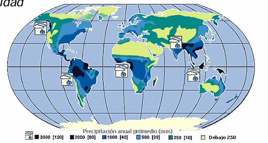 <ul><li><p><strong>Posición latitudinal:</strong> Más lluvias en el ecuador (zonas de convergencia intertropical, es decir, de convergencia de masas de aire cargadas de vapor de agua, hasta 12000 l/m²).</p><p>Surgen cinturones de <strong>altas y bajas presiones</strong>.</p></li><li><p><strong>Asimetría de las fachadas continentales Este-Oeste: </strong>Lugar de los vientos predominantes.</p></li><li><p><strong>Continentalidad:</strong> Hay mayor humedad cerca del mar.</p></li><li><p><strong>Oceanidad:</strong> Efecto Foehn.</p></li><li><p><strong>Relieve:</strong> Simetría entre vertientes más secas y más húmedas.</p></li><li><p><strong>Otros</strong></p></li></ul><p></p>