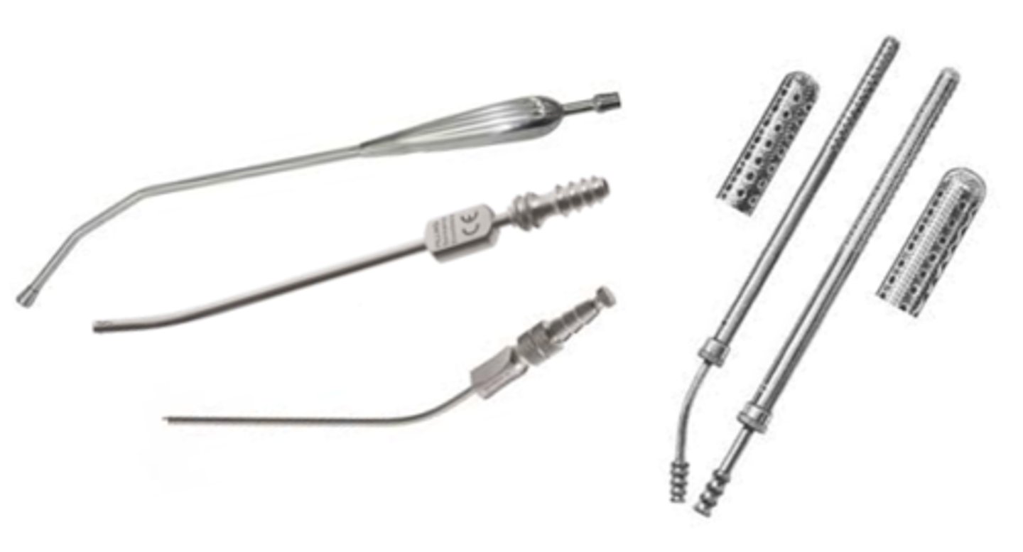 <p>surgical instruments used to extract (suction) blood &amp; other fluids from a surgical site (300 series)</p>