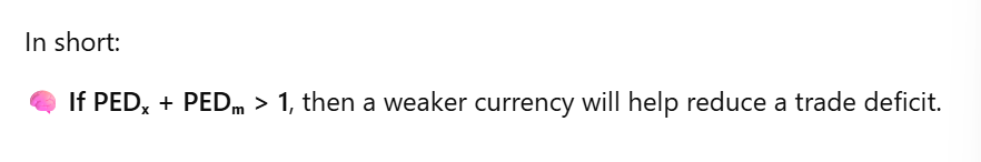 <p>pound depreciation will only improve (X-M) if the <strong>PEDs</strong> of exports and imports is <strong>more than 1 </strong>(elastic)</p>