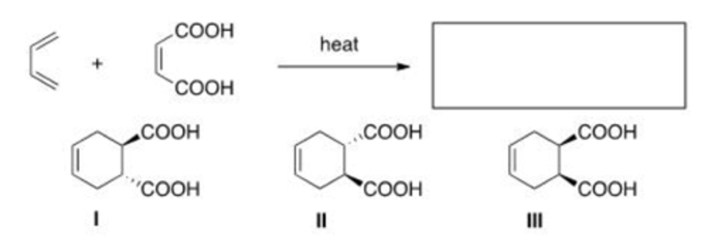 <p>What is the major organic product of the following reaction?</p><p>A. Only I</p><p>B. Only II</p><p>C. Only III</p><p>D. Only I and II</p>