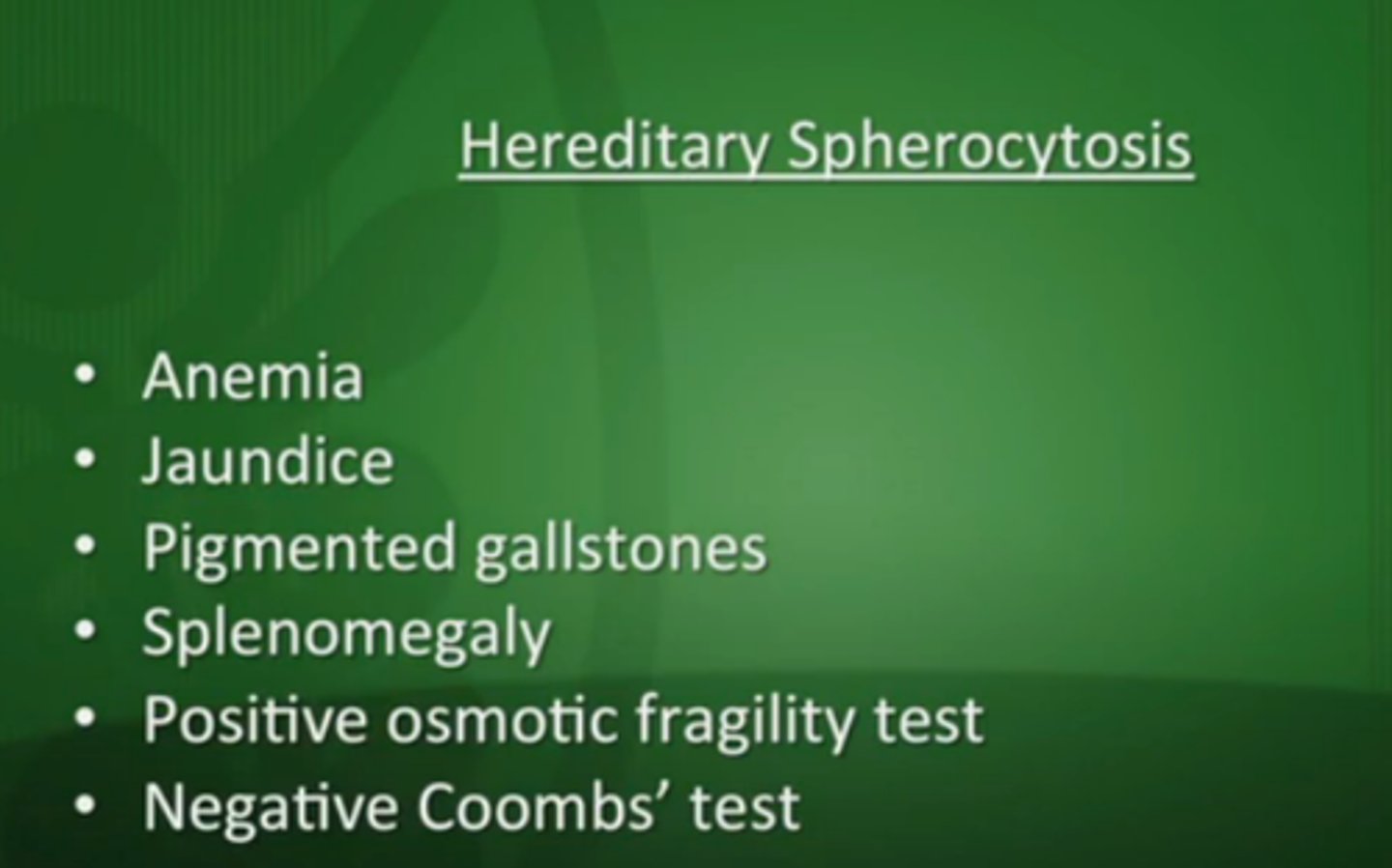 <p>AD inheritance, INC mean corpuscular hemoglobin concentration</p><p>Abnormal eosin-5-maleimide binding test</p><p>INC risk: bilirubin gallstones and parvovirus B19 causing aplastic crisis</p><p>Tx: folic acid supplementation, blood transfusions, splenectomy</p>