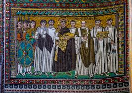 <p><span>Justinian, Bishop Maximianus, and his Attendants, North wall of the apse,&nbsp; Church of San Vitale,</span></p>