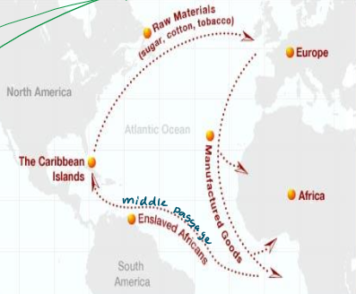 <p>benefitted europe</p><p>the trade between africa, the new world, and europe</p><p>manufactured goods</p><ul><li><p>from raw materials</p></li><li><p>rum, guns, etc</p></li><li><p>to africa from europe</p></li></ul><p>slaves</p><ul><li><p>from africa to new world</p></li><li><p>dols in America (like animals)</p></li></ul><p>new materials</p><ul><li><p>cash crops: potatos, tabacco, sugar, corn, rice, indigo, metals, etc</p></li><li><p>from work of slives</p></li><li><p>from new world to mother-country</p></li></ul><p></p>