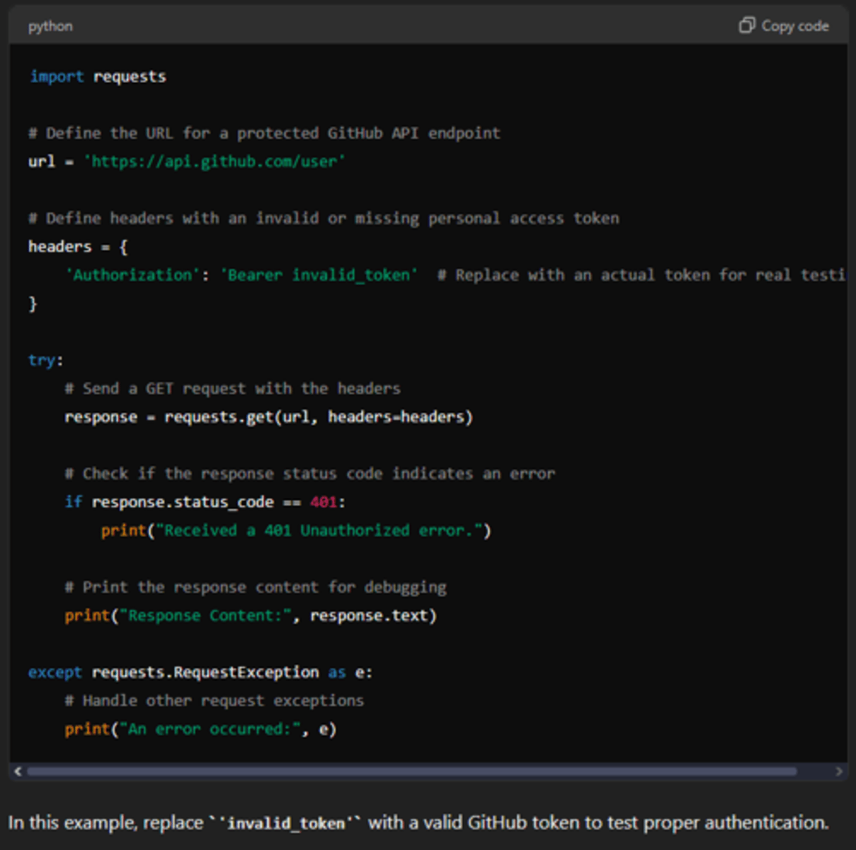 <p>indicates that the request lacks valid authentication credentials. This often occurs when an API requires authentication (e.g., an API key, bearer token, or other credentials) and those credentials are either missing, invalid, or expired.</p>
