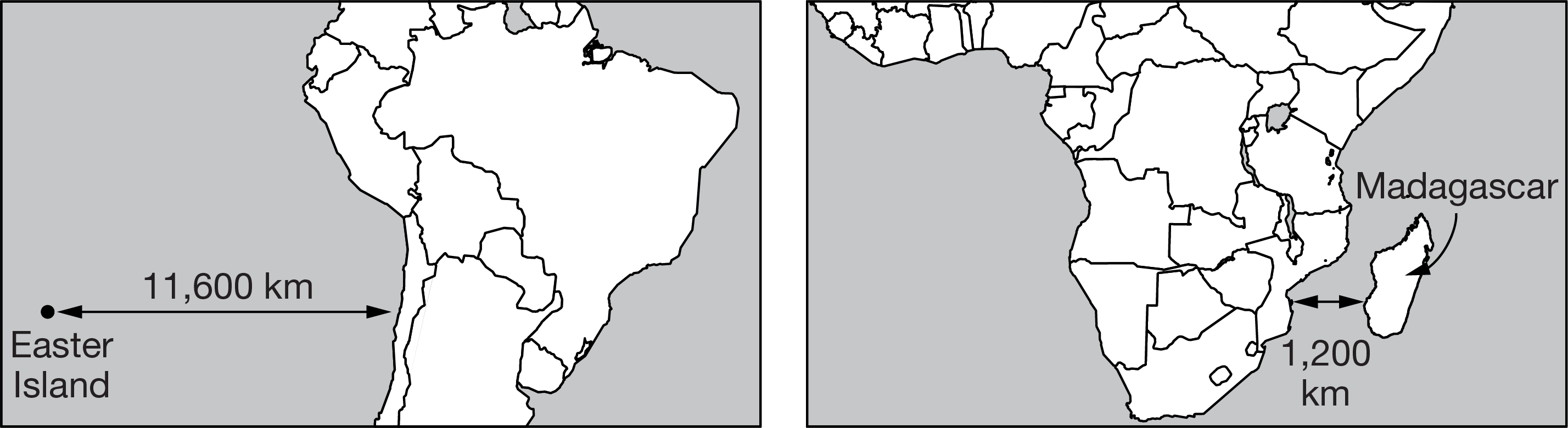 <p>The image shows two different islands and the relative distance to the nearest mainland. Based on the theory of island biogeography, which of the following best predicts the effect of the introduction of an invasive species on Easter Island compared to Madagascar?</p><p><strong>A. </strong>The native species on Easter Island are more likely to survive because the island is further from the mainland.</p><p><strong>B. </strong>The native species on Easter Island are more likely to survive because the island is so small that there will be limited space for an invasive species to colonize.</p><p><strong>C. </strong>The native species on Madagascar are more likely to survive because the island is larger and provides a greater diversity of habitats and resources.</p><p><strong>D. </strong>The native species on Madagascar are more likely to survive because the temperature in the Indian Ocean is warmer than that of the Pacific Ocean.</p>