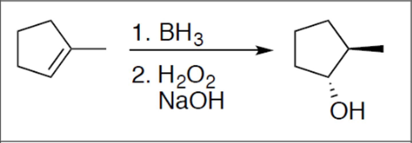 <p>Carbocation: no</p><p>Regiochemistry: anti-mark</p><p>Stereoselectivity: syn</p><p>Reagent(s): 1. BH3 2. H2O2 and NaOH</p><p>- OH added to less stable CC+ from alkene</p>
