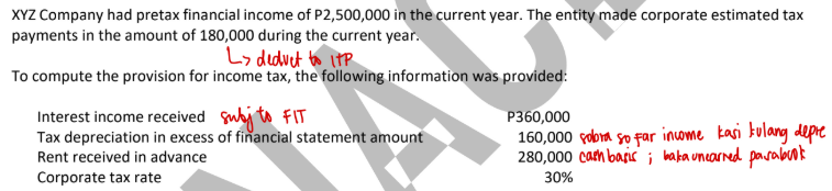 <p>What amount of permanent difference between book income and taxable income existed at year-end?</p><p>a. P520,000</p><p>b. P360,000</p><p>c. P800,000</p><p>d. P280,000</p>