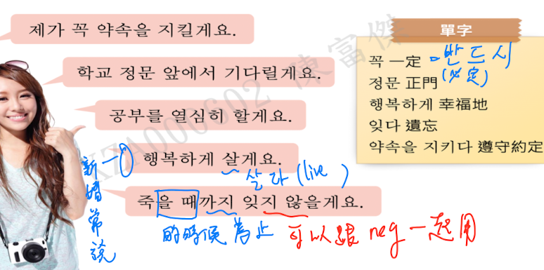 <p>表達意志、承諾=我要、我會；用於第一人稱=I will</p><p></p><p>V詞幹無尾音or尾音ㄹ + ㄹ게요.</p><p>V詞幹有尾音 + 을게요.</p>