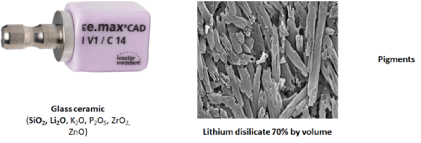 <p>produced according to a unique bulk casting production process to create the ignots<br><br>microstructure consists of ~70% needle like lithium disilicate crystals embedded in a glass matrix, 3-6 microns in length</p>