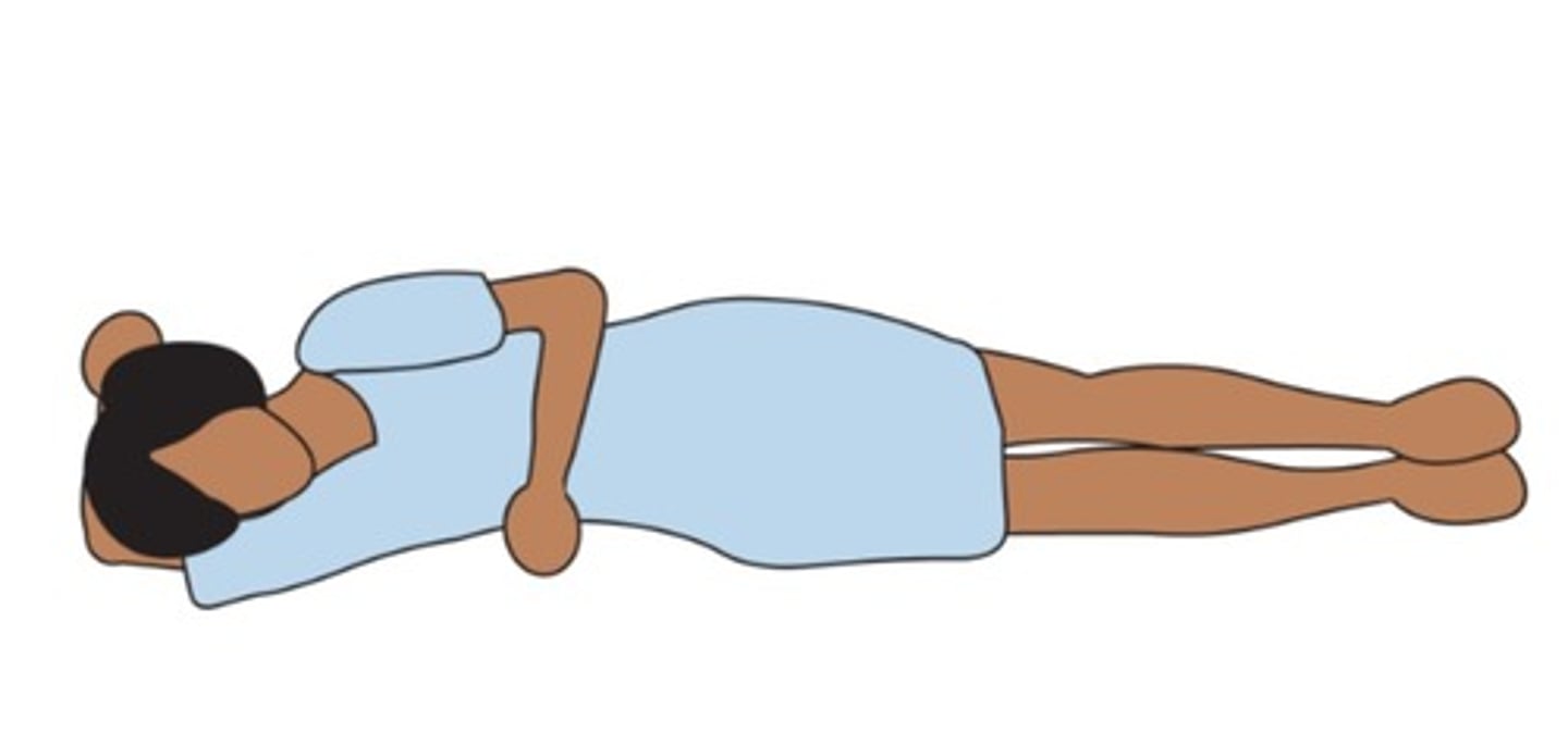 <p>lying on your right side with the left arm over</p>