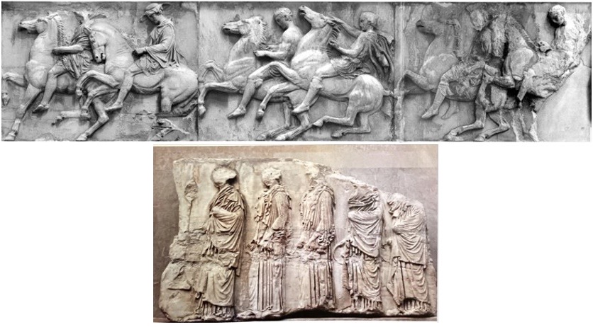 * The ionic frieze dates from 442 to 437 BC​
* It is made of marble ​
* Its narrative focuses on the Panathenaic Procession​
* uniquely depicts a custom rather than a myth​
* The location of the frieze as it was behind the metopes and colonnade that surrounded the temple meant that the onlookers would’ve had to strain their necks to see it ​
* The ionic frieze is 160 metres long and just over a meter tall ​
* It contains about 378 humans and divine figures and at least 220 animals ​
* Substantial parts of the frieze are lost 

 

* the sculptures mimic the real-life worshippers​
* Individuals on the west side are shown gathering by their horses, some are standing waiting, others are already on horseback signalling more to join ​


* Each figure is shown as an individual different to the others around them​
* sculptors have accurately portrayed their youthful bodies and their poses are realistic depictions of movement ​
* horses are distinct, some are galloping, others stand calmly, others are neighing ​


* They have been made smaller in proportion to the men so as to leave as little space as possible ​


* Some men are nude some aren’t ​

\
* Women are also taking part in the procession​
* They are fully clothed indicating their respectable and modest nature ​
* drapery poses are different ​
* While they wear a chiton covered in a himation the clothing falls differently over their bodies and the folds are neither repetitive nor symmetrical ​
* They each carry their own offerings or contributions to the festival ​
* One carries an incense burner (the first lady)​
* Another carries a jug while another carries a libation bowl ​
* Just as the men are depicted distinctly so are the women 

\
* South side of frieze sees a bull being led to sacrifice

\
* The east side of this frieze shows the climax of the festival ​
* In the central part of the presentation of the peplos is shown ​
* Framing this is he gods which sit watching the procession around them ​
* They have their backs turned to the central dedication which makes us question the extent to which they care about the moment but they are facing the parading worshippers 

\
