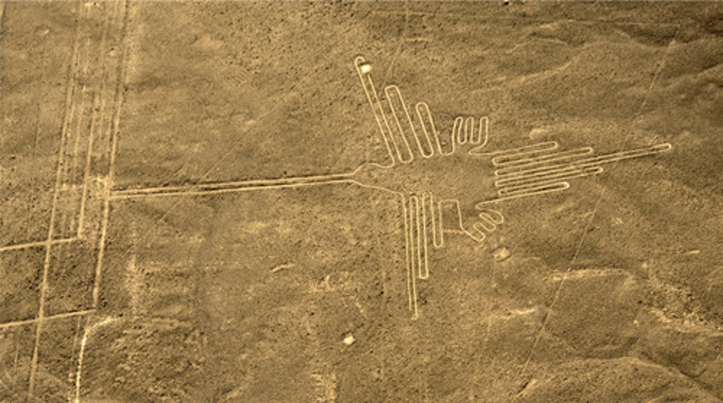 <p>These Nasca lines were made by rearranging rocks to reveal the lighter color of the soil beneath. The patterns and forms of the lines echo those found in the ceramics and textiles of the same culture.</p>