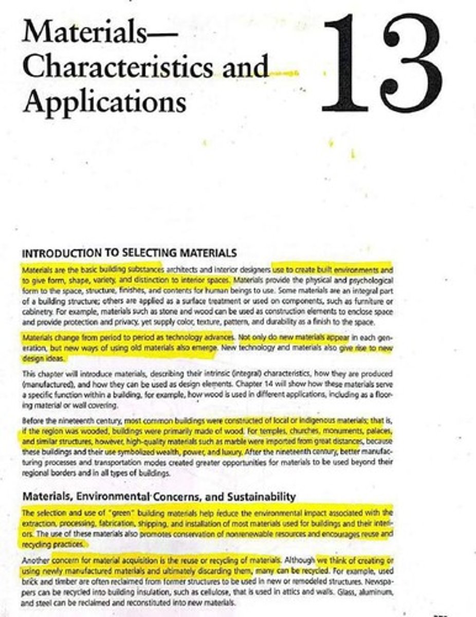 <p>Materials are the basic building substances used to create built environments, providing form, shape, variety, and distinction to interior spaces.</p>