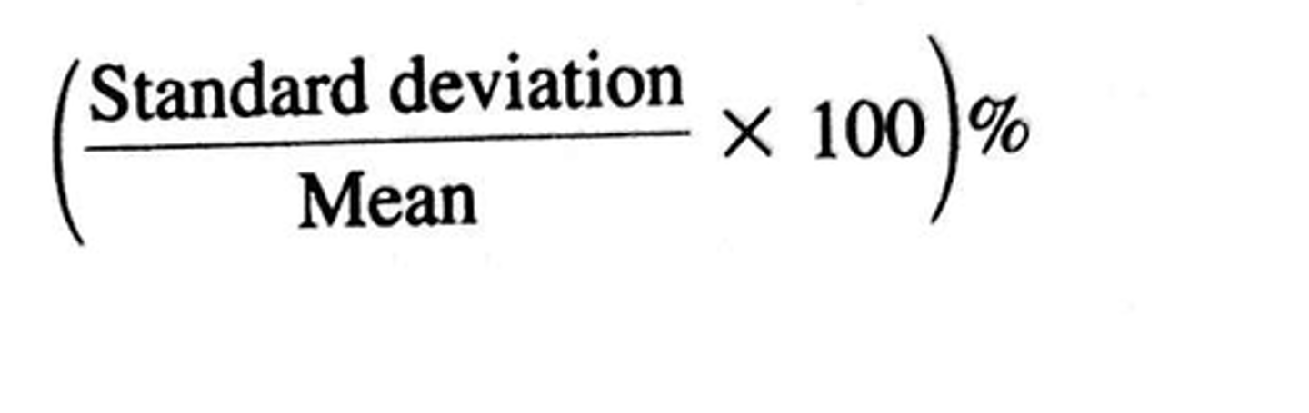 <p>% of deviation the data values are from the mean</p><p>%CV = (SD/mean) x 100</p><p>- Ex: the data values differed from the mean by 20%</p>