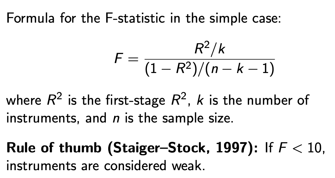<p>Ho: instruments are irrelevant (pi = 0)<br><br>F STAT > 10 is strong instrument <br><br></p>