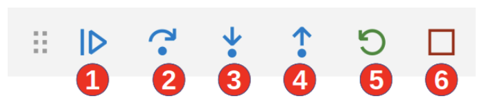 In the following debugger buttons in VS-Code, clicking button 4 causes the debugger to: