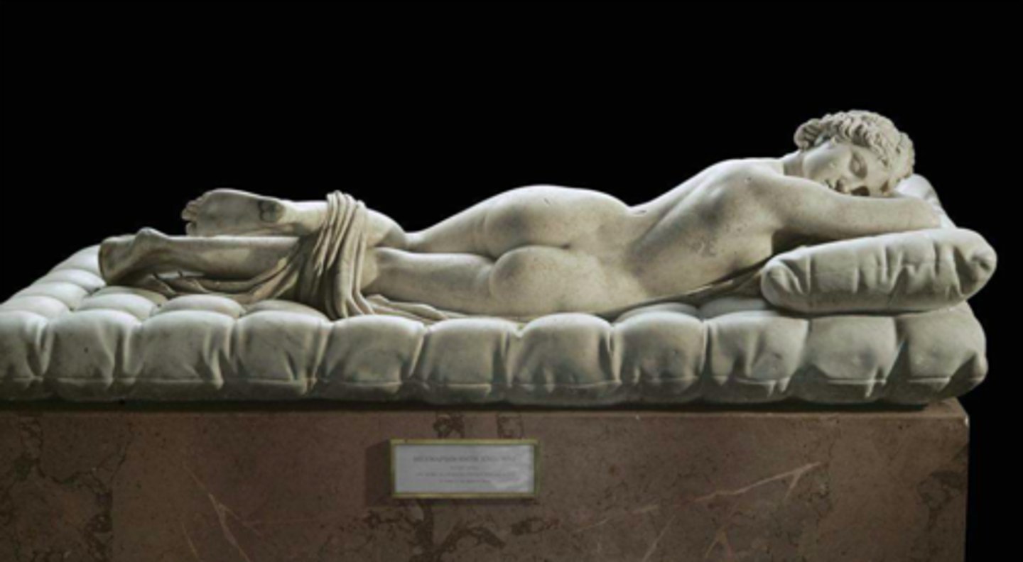 <p>- <span class="bgP">2nd century BCE (high/late hellenistic pd)</span></p><p>- <span class="bgP">found in Rome (Italy)</span></p><p>- original sculptor is unknown; Bernini sculpted the mattress the figure lays on in 1600s</p><p>- depictions of hermaphrodites was increasingly common in hellenistic period</p><p>- you have to look from back side of sculpture to really see that it is a hermaphrodite (common in this period for pieces intended to be viewed from different angles)</p>