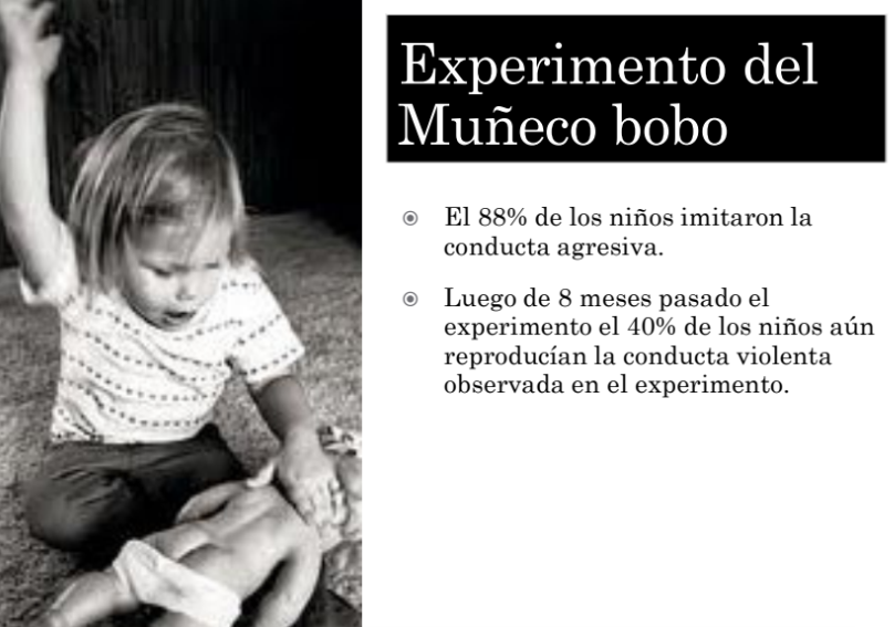 <p>Aprendizaje por la observacion</p><p>Estudio del muneco BOBO</p>