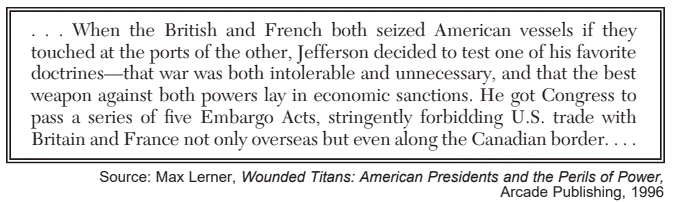 <p>According to this passage, what was President Thomas Jefferson’s primary objective in proposing the Embargo Acts? </p>