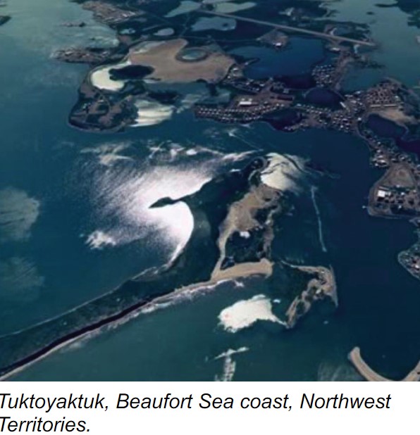 * Community that is the most northerly point in Canada accessible by road 
* Highest point is 25 metres above sea level
* Flooding and land loss
* caused by:
  * Rising Sea Levels
  * Coastal Erosion (1 metre a year since 1980)
  * Thermokarst Activity → dev of thermokarst terrain