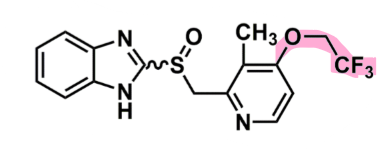<ul><li><p><u>pharmacophore:</u> <strong>benzimidazole </strong></p></li><li><p>racemic mixture </p></li><li><p>superior oral bioavailability among PPIs</p></li><li><p>Pyridine: substituents EWG (<strong>trifluoroethoxy</strong>)- decrease nucleophilicity and less likely to protonate </p></li><li><p><strong>most potent inhibitor </strong></p></li></ul>