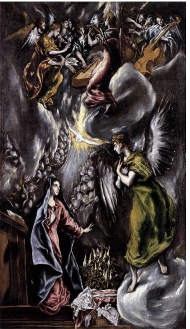 <ul><li><p><span><strong>Key Features</strong>:<br><br></span></p><ul><li><p><span>Depicts the angel Gabriel announcing to Mary that she will bear the Son of God.<br><br></span></p></li><li><p><span>El Greco’s signature elongated figures and dramatic use of color and light.<br><br></span></p></li><li><p><span>The composition creates an ethereal, otherworldly quality.<br><br></span></p></li></ul></li></ul><p><span><strong>Memorable Fact</strong>: El Greco’s unusual, vibrant color palette makes this an example of his unique take on religious art.<br></span><br><br>Inspired by the work of Titian</p>