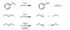 ether cleavage resulting in an alkyl halide and an alcohol; uses SN1 unless both Cs are 1°