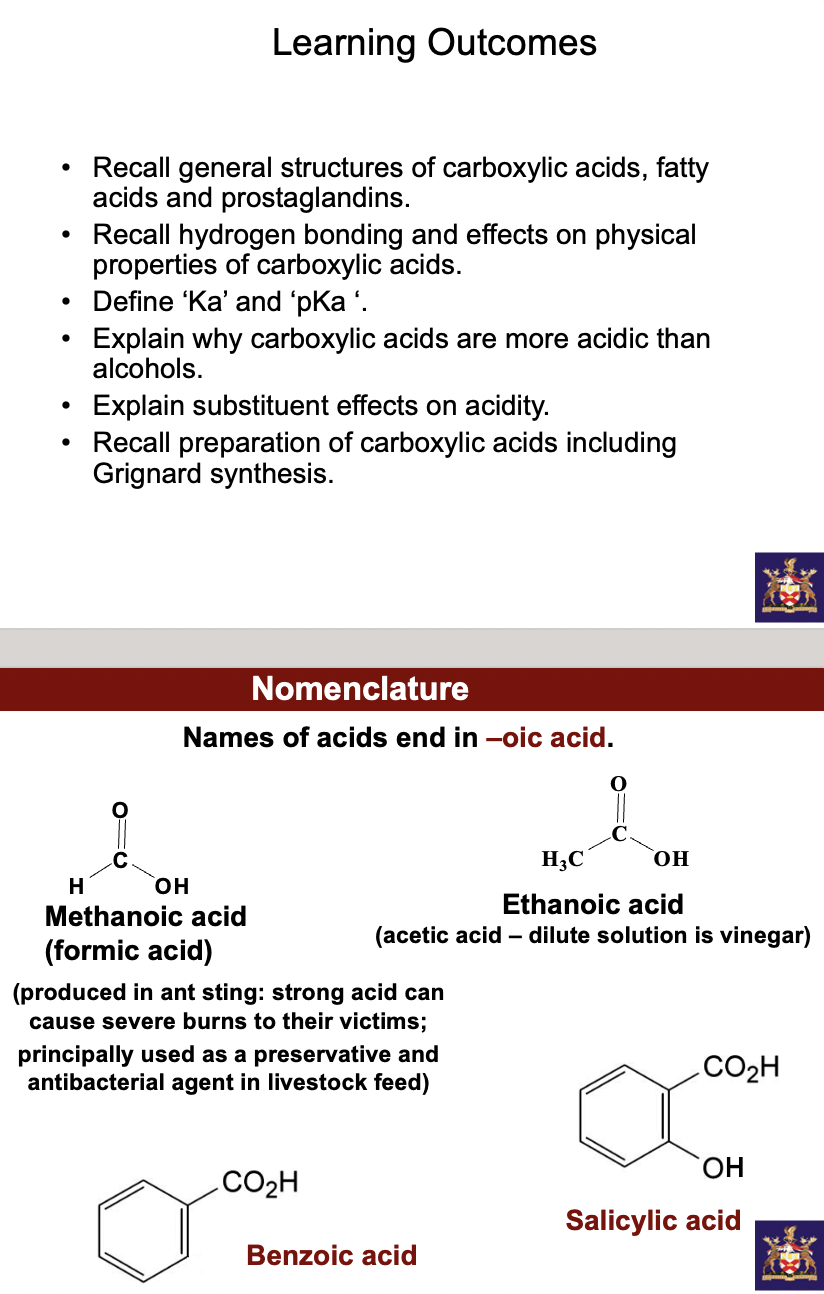 for carboxylic acids we wanna know abt properties and occurence

their reactions (acidity)

and the synthesis of carboxylic acids