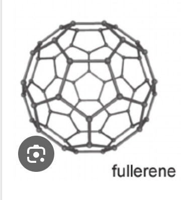 <p>structure is carbon bonded to 3 others, closed spherical cage of 60 carbon atoms </p><p>electrical conductivity- poor conductors, little movement of electrons between molecules despite delocalised electrons</p><p>thermal conductivity- very low </p><p>appearance- black powder </p><p>physical/chemical- light strong low melting point </p><p>uses lubricants for medical purposes </p>