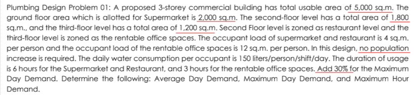 <p></p><p>Based on the Plumbing Design Problem No. 1, compute the Maximum Day Demand.</p>