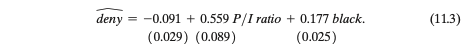 <img src="https://knowt-user-attachments.s3.amazonaws.com/01ba0793-75c0-4e0a-bc74-10426d765c4d.png" data-width="100%" data-align="center" alt="knowt flashcard image"><p><span>SW equation 11.3. Which of the following is a correct interpretation of the estimated coefficient on P/IP/I ratioratio?</span></p><p><span>An increase in P/IP/I ratioratio by 0.03 is associated with an increase in the probability of mortgage denial by 1.877 percentage points, holding race constant.</span></p><p><span>A decrease in P/IP/I ratioratio by 0.01 is associated with an increase in the probability of mortgage denial by 0.559 percentage points, holding race constant.</span></p><p><span>An increase in P/IP/I ratioratio by 0.01 is associated with a decrease in the probability of mortgage denial by 0.559 percentage points, holding race constant.</span></p><p><span>An increase in P/IP/I ratioratio by 0.02 is associated with an increase in the probability of mortgage denial by 1.118 percentage points, holding race constant.</span></p>
