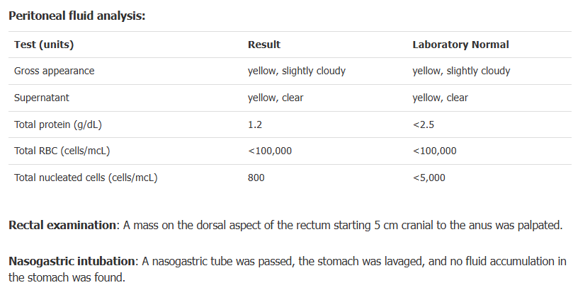 <p>Based on the lab findings and the PE of this colt, name 2 differentials</p>