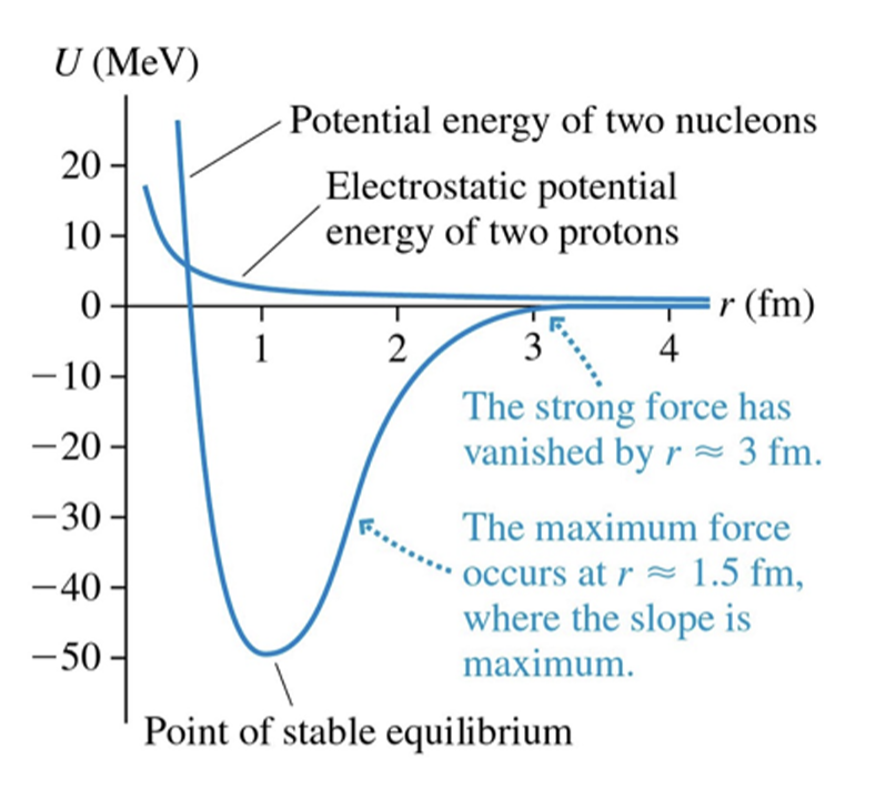 <ul><li><p>the strong force has vanished by r~ 3fm </p></li><li><p>the maximum force have vanished by 2fm </p></li></ul><p></p>
